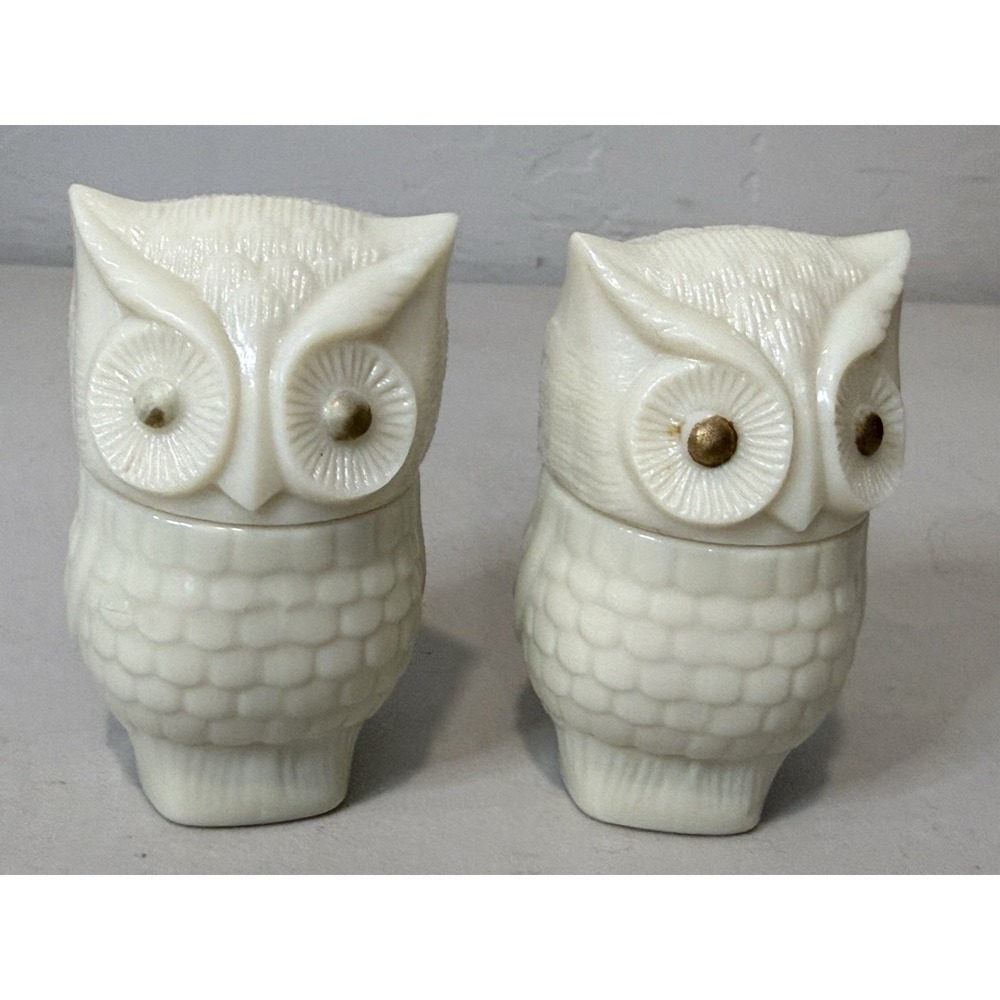 Vintage 1970s Avon White Milk Glass "Precious Owl" Cream Sachet Jars (Set of 2)